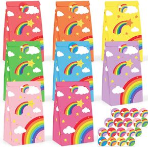 TOXOY 24PCS Colorful Treat Paper Bags, Gift Bag with Tissue Paper Rainbow Goody Bags Treat Bags with Stickers for Birthday Baby Showers Weddings Easter