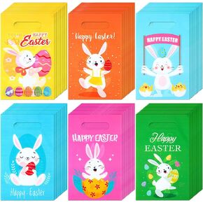 Crtiin 480 Pieces Plastic Easter Gift Bags Large Easter Plastic Tote Bags Easter Candy Goodie Gift Bags with Handles Easter Hunt Bags for Easter Hunt Easter Party Favor Supplies, 6 Designs