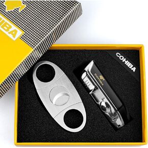 Torch Lighters with Cutter Set Triple Jet Flame Lighter with Punch Butane Refillable(Without Gas) (Black-1)