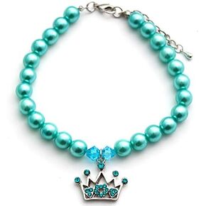 Dog Cat Pearls Necklace Collar with Rhinestones Crown Charm Pendant Pet Puppy Jewelry (S, Blue)