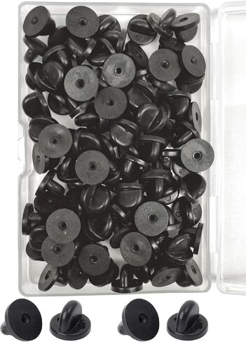 100 Pcs Butterfly Clutch and PVC Rubber Pin Backings, Replacement Fasteners for Lapel Pins and Uniform Badges - Black, Boxed in Saudi Arabia