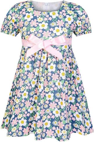 SMILING PINKER Baby Toddler Girls Summer Ditsy Floral Cotton Dresses Square Neck Puff Sleeve Bow Belted Dress in Kuwait