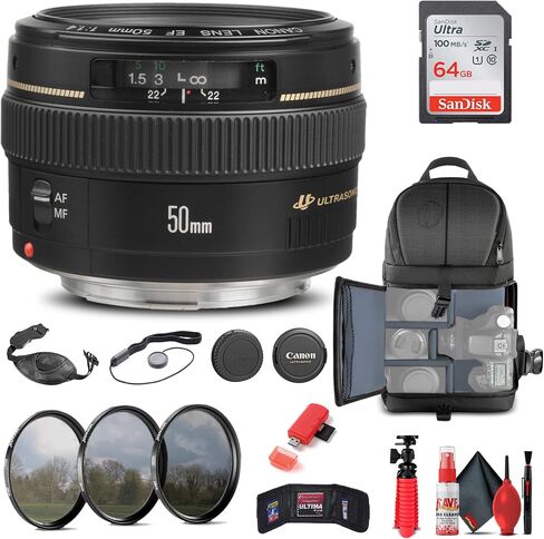 Canon EF 50mm f/1.4 USM Lens (2515A003) + Filter Kit + Backpack + 64GB Card + Lens Pouch + Card Reader + Flex Tripod + Memory Wallet + Cap Keeper + Cleaning Kit + Hand Strap + More (Renewed) in Saudi Arabia