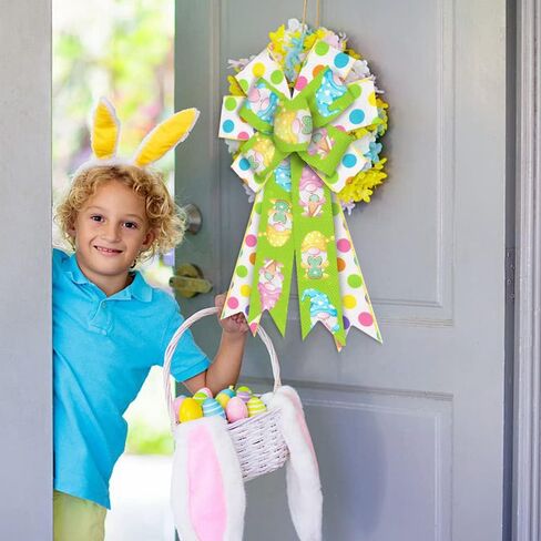 Large Easter Bows for Wreath, Happy Easter Wreath Bows White Pink Burlap Bows Bunny Eggs Bows Holiday Rabbits Tree Topper Bows for Front Door Spring Easter Party Decorations in Saudi Arabia