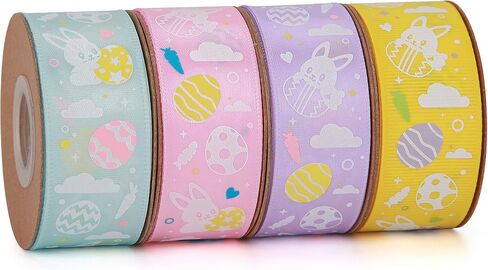 4 Rolls Easter Ribbon 20 Yards 5/8 Inch Pink/Purple/Orange/Black White Gingham with Printed Bunny Ribbons Use for Hair Bows,Wreath,Gift Wrapping, Basket Decoration(Bunny) in Saudi Arabia
