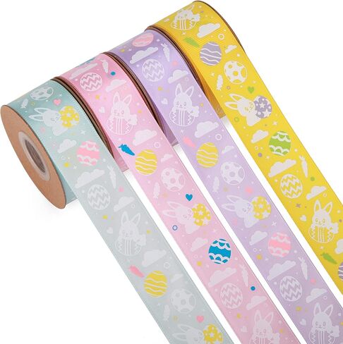 4 Rolls Easter Ribbon 20 Yards 5/8 Inch Pink/Purple/Orange/Black White Gingham with Printed Bunny Ribbons Use for Hair Bows,Wreath,Gift Wrapping, Basket Decoration(Bunny) in Saudi Arabia