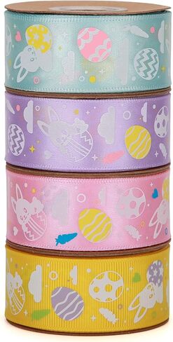 4 Rolls Easter Ribbon 20 Yards 5/8 Inch Pink/Purple/Orange/Black White Gingham with Printed Bunny Ribbons Use for Hair Bows,Wreath,Gift Wrapping, Basket Decoration(Bunny) in Saudi Arabia
