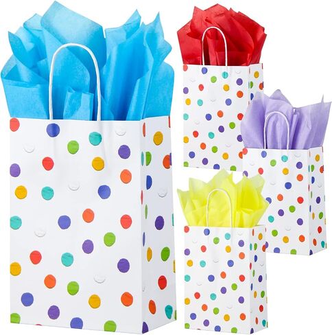 BLEWINDZ 24Pcs Rainbow Small Gift Bags Bulk with 24Pcs Tissue Paper - Colorful Polka Dots Goodie Bags with Handles for Party Favors, Kids Birthday, Baby Shower, Wedding, shoppings in Kuwait
