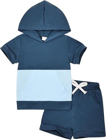 بيبي بوي ملابس طفل ملابس الصيف قصيرة الأكمام مقنعين المرقعة تي شيرت كامل وجيب طقم بناطيل رجالي 12 شهرًا-4T in Kuwait