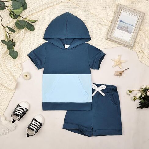 بيبي بوي ملابس طفل ملابس الصيف قصيرة الأكمام مقنعين المرقعة تي شيرت كامل وجيب طقم بناطيل رجالي 12 شهرًا-4T in Kuwait