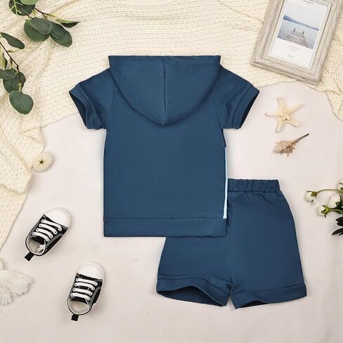 بيبي بوي ملابس طفل ملابس الصيف قصيرة الأكمام مقنعين المرقعة تي شيرت كامل وجيب طقم بناطيل رجالي 12 شهرًا-4T in Kuwait