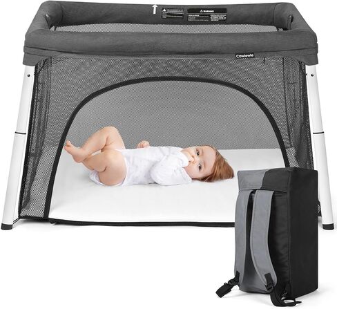 سرير أطفال للسفر وساحة لعب من Cowiewie، سرير أطفال محمول قابل للطي للأطفال الرضع والأطفال الصغار من سن 1 إلى 3 سنوات، روضة أطفال قابلة للتنفس وقابلة للغسل مع مرتبة مقاومة للماء، حقيبة ظهر صغيرة الحجم للسفر - رمادي داكن in Kuwait