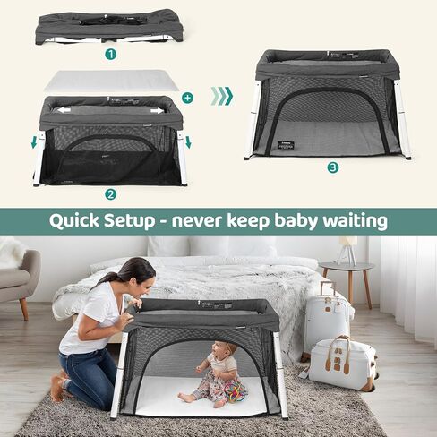 سرير أطفال للسفر وساحة لعب من Cowiewie، سرير أطفال محمول قابل للطي للأطفال الرضع والأطفال الصغار من سن 1 إلى 3 سنوات، روضة أطفال قابلة للتنفس وقابلة للغسل مع مرتبة مقاومة للماء، حقيبة ظهر صغيرة الحجم للسفر - رمادي داكن in Kuwait