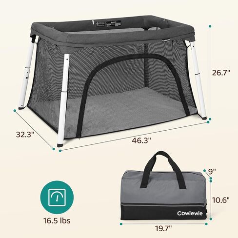 سرير أطفال للسفر وساحة لعب من Cowiewie، سرير أطفال محمول قابل للطي للأطفال الرضع والأطفال الصغار من سن 1 إلى 3 سنوات، روضة أطفال قابلة للتنفس وقابلة للغسل مع مرتبة مقاومة للماء، حقيبة ظهر صغيرة الحجم للسفر - رمادي داكن in Kuwait