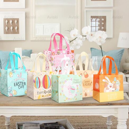 12PCS Happy Easter Egg Hunt Bags Easter Bunny Carrot Chick Egg Gift Bags with Handles, Treat Bags, Multifunctional Non-Woven Goodie Bags for Gifts Wrapping, Egg Hunt Game, Easter Party Supplies , 8.3×7.9×5.9inch in Saudi Arabia