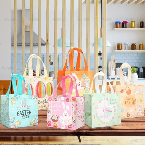 12PCS Happy Easter Egg Hunt Bags Easter Bunny Carrot Chick Egg Gift Bags with Handles, Treat Bags, Multifunctional Non-Woven Goodie Bags for Gifts Wrapping, Egg Hunt Game, Easter Party Supplies , 8.3×7.9×5.9inch in Saudi Arabia