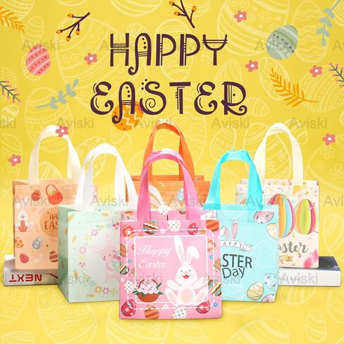 12PCS Happy Easter Egg Hunt Bags Easter Bunny Carrot Chick Egg Gift Bags with Handles, Treat Bags, Multifunctional Non-Woven Goodie Bags for Gifts Wrapping, Egg Hunt Game, Easter Party Supplies , 8.3×7.9×5.9inch in Saudi Arabia