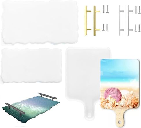 3 قطع قوالب صينية كبيرة من راتينج السيليكون قالب صينية الجيود من راتنجات الإيبوكسي مع مقابض ذهبية وفضية، قوالب صينية من السيليكون الراتنج لتقديم لوح مقبض على شكل مستطيل كبير in Kuwait