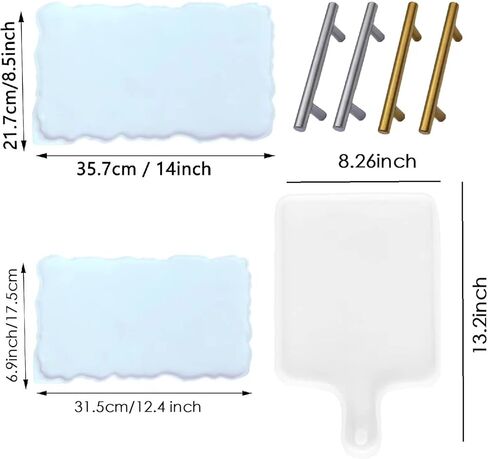 3 قطع قوالب صينية كبيرة من راتينج السيليكون قالب صينية الجيود من راتنجات الإيبوكسي مع مقابض ذهبية وفضية، قوالب صينية من السيليكون الراتنج لتقديم لوح مقبض على شكل مستطيل كبير in Kuwait