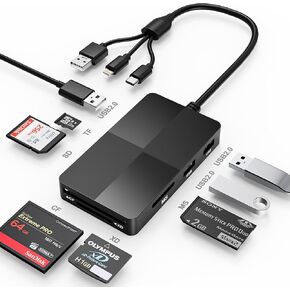 8 in 1 Memory Stick Pro Duo Adapter Reader, SD/MS/TF/CF/XD Card Reader with 3 USB 2.0 Ports, Lightning+USB A+USB C, Multi Memory Card Reader Support OTG, Fast Data Transfer, MS Card Reader Adapter
