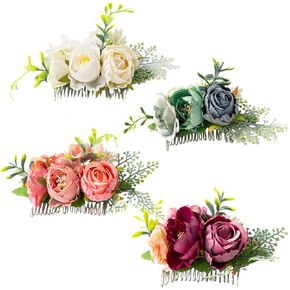 Cinaci 4 Pack Large Artificial Flower Metal Hair Side Combs Floral Slide Hair Clips Wedding Bridal Headpieces Hairpins Barrettes Decorative Hair Comb Bun Accessories for Women Girls Brides Bridesmaids