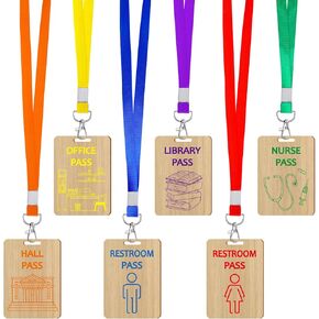 Sabary 6 Sets Hall Pass Lanyards and School Passes Set Unbreakable Wooden Bathroom Passes for Classrooms Hall, Restroom, Library, Office and Nurse School Teacher Supplies Gift