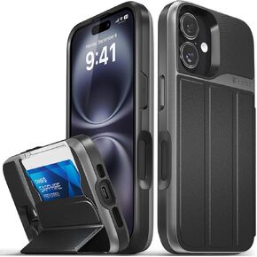 VENA vCommute for iPhone 16 Wallet Case, [Military Grade Drop Protection] Flip Leather Cover Slot Card Holder with Kickstand - Black