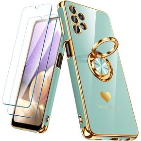 for Samsung Galaxy A32 5G Case with 2 Pack Screen Protector, 360° Rotatable Ring Holder [Luxury Hearts Pattern] Plating Gold Edge Slim Soft Phone Cover Case for Galaxy A32 - Purple