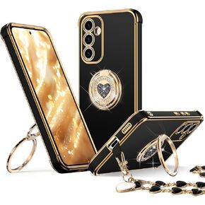 XYZ for Galaxy S25 Ultra Case with Stand, for Samsung Galaxy S25 Ultra Case with Double Ring Kickstand, Women Girls Cute Love-Heart Bling Luxury Protective Phone Case for Samsung S25 Ultra, Black