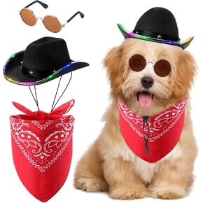 Abbylike 3 Pcs Halloween Pet Cowboy Costume Halloween Costumes for Dogs LED Dog Cowboy Hat with Bandana Scarf and Sunglasses Cowboy Accessories for Dog Cat
