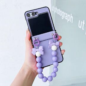 LUVI Compatible with Galaxy Z Flip 6 Case Cute with Chain PU Leather Pearl Bracelet Wristband Strap Hinge Protection Shockproof Cover for Women Girls Pink