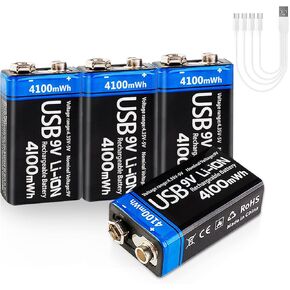 USB Rechargeable 9V Lithium Batteries 4 Pack, 4100mWh Long Lasting 9 Volt Size Batteries, High Capacity Li-ion Battery, for Smoke Alarms, Wireless Microphones, Guitar, Toys