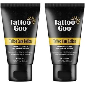 Tattoo Goo Aftercare Lotion Soothing, Color Brightening Skin Moisturizer - Healing Treatment with Olive Oil, Healix Gold + Panthenol - Vegan, Cruelty-Free, Petroleum-Free, Lanolin-Free - 2 oz