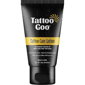 Tattoo Goo Aftercare Lotion Soothing, Color Brightening Skin Moisturizer - Healing Treatment with Olive Oil, Healix Gold + Panthenol - Vegan, Cruelty-Free, Petroleum-Free, Lanolin-Free - 2 oz
