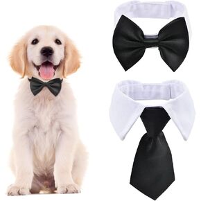 White and Black Pet Bow Tie, 2 Pcs Adjustable Dog Neck Tie Formal Dog Tuxedo Costume Neck Collar for Dogs and Cats, L