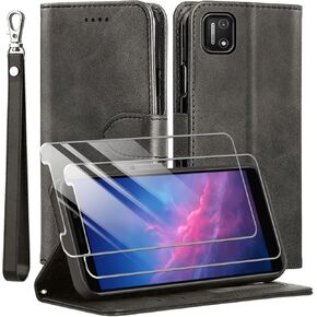 for Cloud Stratus C7 Case and Tempered Glass Screen Protector, PU Leather Flip Cover Wallet Phone Case Protector [Full Protection][Card Slots][Kickstand] for Cloud Mobile Stratus C7, Black