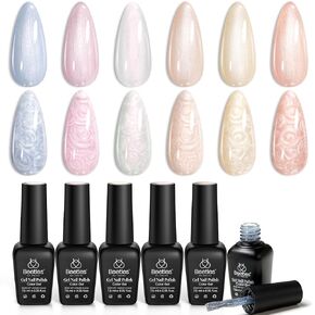 Beetles Gel Nail Polish,6 Colors Pearl Gel Nail Polish Shimmer Mermaid Gel Polish White Pink Blue Glitter Nail Polish Shell Swirl Thread Effect Soak Off UV LED Gel for Salon Home DIY Manicure