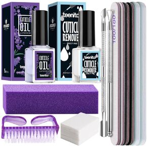 Nail Files and Buffer, Teenitor Cuticle Remover Kit with Nail File Buffer Block, Cuticle Remover, Cuticle Oil, Cuticle Pusher, Cuticle Peeler Scraper, Nail Brush, Nail Remove Pads Manicure Tools Kit