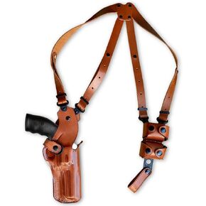 Premium Leather Vertical Shoulder Holster System with Double Speed Loader, Fits Smith & Wesson Model 686 Plus 357 Magnum 7-Shot 4'' Barrel, Right Hand Draw Brown Color #1509#