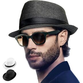 2 Pack Straw Fedora Hats for Men and Women, Short Brim Summer Beach hat, Trilby Panama Sun Hats.