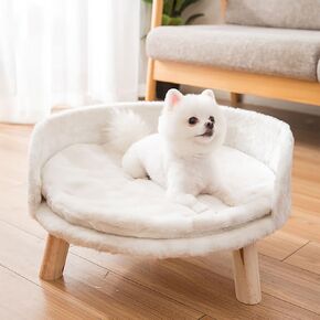 Elevated Dog Cat Bed Stool Sofa, Pet Sofa Bed with Wood Legs, Pet Chair with Washable Cushion, Diameter 35cm Round Puppy Sofa for Small Dog Kitten