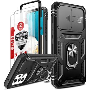 LeYi for Samsung Galaxy A53 5G Case with Slide Camera Cover + (2 Packs) Tempered Glass Screen Protector, 360 Full Body Military-Grade Phone Case with Kickstand, Black