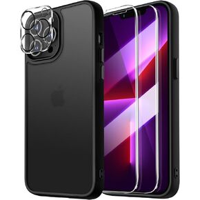 حافظة Dssairo 5 في 1 لهاتف iPhone 13 Pro، مع واقيات شاشة 2X + واقيات عدسة الكاميرا 2X، [حماية من الدرجة العسكرية 15FT] ظهر شفاف غير لامع مضاد لبصمات الأصابع ومضاد للخدش (أسود)