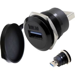 USB 3.0 Male to Female Waterproof Mounting Adapter, 5Gbps Data Transfer & Charging, Threaded Round Socket Converter with Nut Fixing for Panel Mount, Dustproof and Durable (Black)
