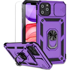 for iPhone 11 Pro Case with Camera Lens Cover HD Screen Protector, Dual Layer Military Grade Drop Protection Magnetic Ring Holder Kickstand Protective Phone Case for iPhone 11 Pro 5.8 inch (Navy Blue)