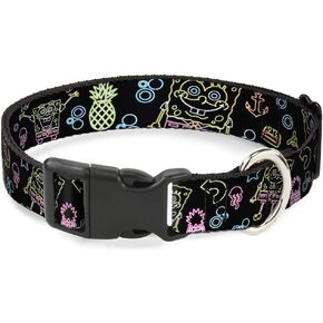 Dog Collar Plastic Clip Electric Spongebob Poses Elements Black Multi Color 8 to 12 Inches 0.5 Inch Wide