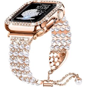 Joyozy Bling Pearl Bracelet 40mm and case Compatible For Apple Watch band 40mm, Women Sparkle Diamond Case with Rhinestone Cute Strap Iwatch Series 6 5 4 SE Jewelry Bling Dressy Metal Jewelry Fancy