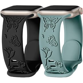 Watbro 4 Pack Floral Engraved Silicone Bands Compatible with Apple Watch Band 38mm 40mm 41mm 42mm 44mm 45mm 49mm Women, Soft Butterfly Charms Strap for iWatch Series 9 8 7 6 5 4 3 2 1 SE Ultra
