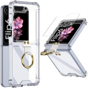 Phone Case Compatible with Samsung Galaxy Z Flip 6 Protective Cover with Outer Screen Protector and Ring, Heavy Duty Shockproof Lightweight Non Slip Full Protection Case,Clear