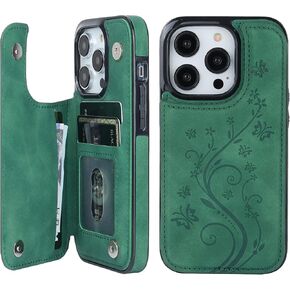 Vaburs Compatible with iPhone 14 Pro Case Wallet with Card Holder,Embossed Butterfly Pattern PU Leather Double Buttons Flip Protective Shockproof Cover for Magnetic Car Mount 6.1 Inch (Dark Green)
